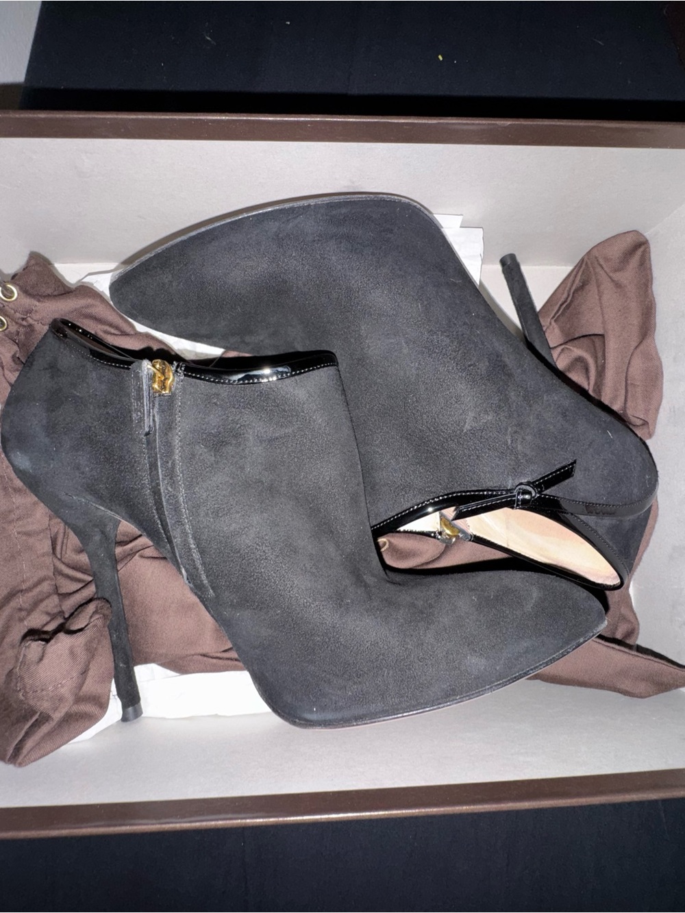 Gucci Black Suede High Heel Ankle Booties with Patent Trim